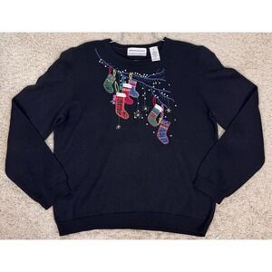 VTG Alfred Dunner Embroidered Christmas Stockings Pullover Sweater Women's PXL